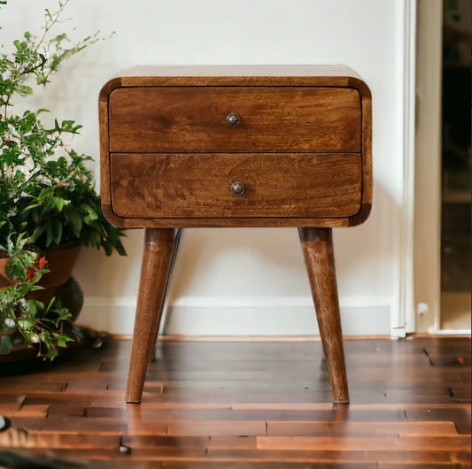 Curved Chestnut Bedside Table with Drawers
